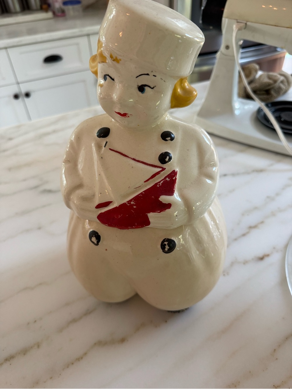 Vintage Ceramic Dutch Sailor Boy Cookie Jar in Cream and Red